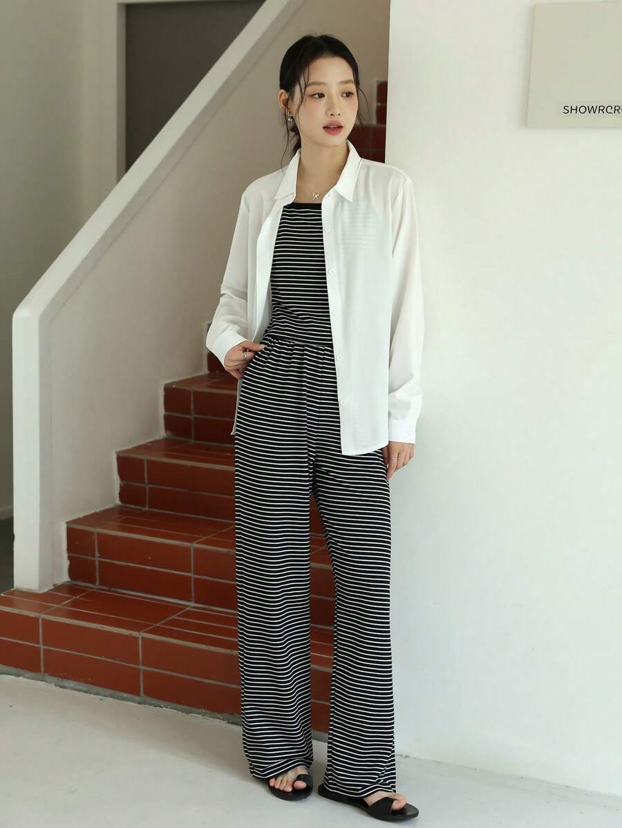 Bộ 3 món: Áo sơ mi thoải mái + Áo ba lỗ sọc đen trắng + Quần ống đứng ống rộng cạp cao, trang phục thường ngày ở nhà - Nhiều màu - Xem 1