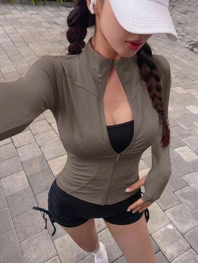 DAZY Chaqueta de mujer de unicolor con cuello alto elástico y ajustada de manga larga, casual deportiva, para primavera/otoño