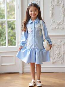 Robe chemise à volants avec imprimé floral pour jeune fille