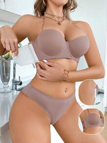 Set de 2 piezas de lencería para mujer con top tubo minimalista sin costuras y sujetador, de media taza - Albaricoque - Ver 1