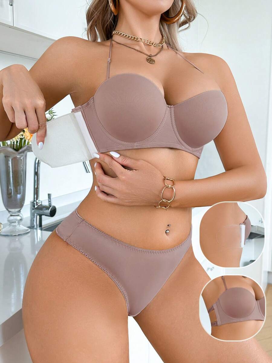 Set de 2 piezas de lencería para mujer con top tubo minimalista sin costuras y sujetador, de media taza - Albaricoque - Ver 1