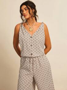 Freevana Bộ đồ liền thân ống rộng không tay in họa tiết khắp người cỡ lớn dành cho nữ - Nhiều màu - Xem 5