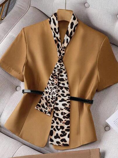 SHEIN Clasi Women Leopard Print Cinched Waist Short Sleeve Thin Jacket