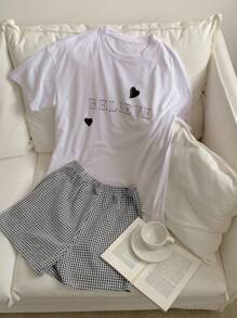 DAZY 2pcs/Set Women Casual Heart & English Print Short Sleeve Plaid Shorts Suit Pajama - White - View 1