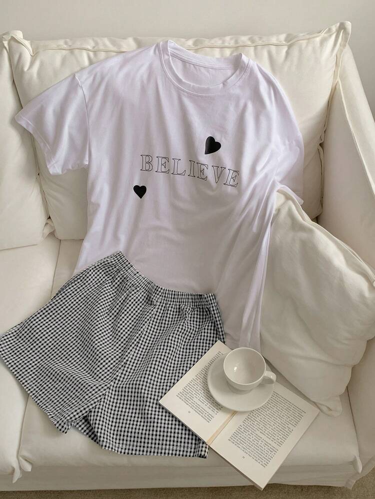 2pcs/Set Women Casual Heart & English Print Short Sleeve Plaid Shorts Suit Pajama