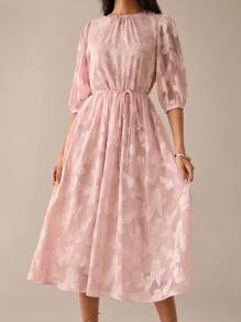 Lilora Women All-Over Print Tie-Knot Midi Dress, Elegant Summer Urban Style Pink Midi Round Neck Dress Romantic And Elegant Urban Leisure, Romantic And Elegant, Going Out - Baby Pink - View 5