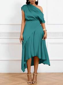 SHEIN Tall CURVE 加大码不对称下摆缎面收腰礼服，优雅晚礼服 - 青碧色 - 查看 3