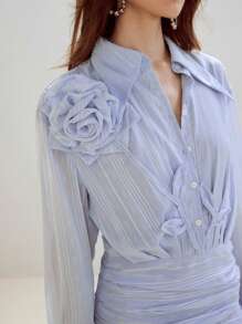 MOTF PREMIUM CHIFFON STRIPED PRINT STEREO FLOWER DETAIL RUCHED WAIST SHORT DRESS - Blue - View 2