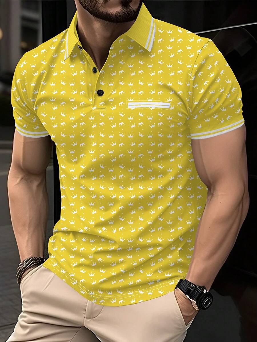 Calvornis Kemeja Polo Pria Lengan Pendek Bergaris Motif Mahkota, Kasual/Komuter - Kuning - View 1