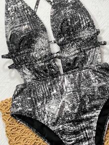 Swim SXY 金箔深 V 抽绳休闲沙滩泳衣女式连体泳衣 - 黑色 - 查看 4