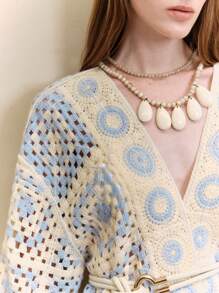 Arave 女式几何图案蝙蝠袖宽松钩针针织开衫 - 藍白色 - 查看 2