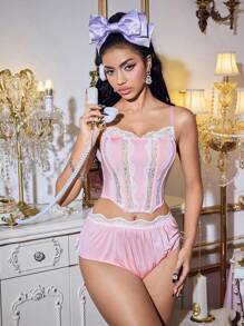 FairyFlirt 2pcs Kawaii Lolita Satin Floral Lace Criss-Cross Corset Set, Pink & White - Pink - View 5