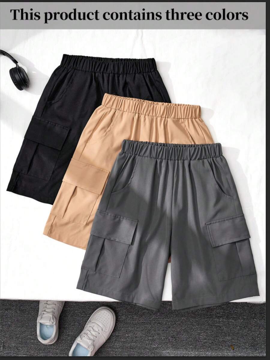 3-Pack Tween Boys Woven Shorts In Black, Khaki, Grey - Multicolor - View 1