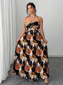 Elenzga Plus Size Women's Summer Vacation Elegant Romantic Digital Print Bandeau Ruched A-Line Long Dress