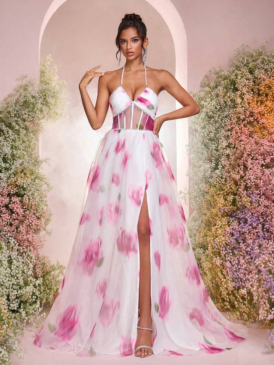 Glamrae Vestido Longo Maxi com Fenda em A, Estampa Floral Vermelha Elegante, Romântica e Luxuosa em Organza com Decote Ombro a Ombro e Decoração de Pérolas, Adequado para Férias, Convidado de Casamento, Baile de Formatura e Gala Formal à Noite