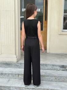 Firerie Kids Firerie Kids Tween Girls' Black Plunge Neck Jumpsuit For Commute & Daily Wear Black Jumpsuit Wide Leg Jumpsuit One Piece Jumpsuit Sleeveless Jumpsuit - Black - View 2
