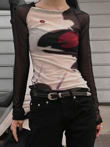 DAZY 女士拼色不对称印花透视网眼上衣外出上衣夏季长袖女上衣 - 彩色 - 查看 3