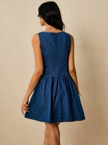 Poéselle Abito in denim alla moda con scollo rotondo e maniche arricciate, decorato in metallo, da donna - Blu lavato medio - Visualizzare 7