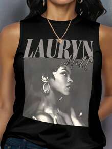 Maweii Regata Feminina Estampada Simples Plus Size, Casual - Preto - Visão 3