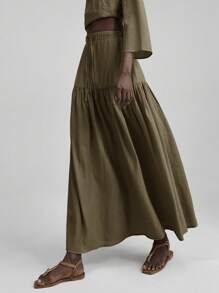 Ontre Váy suông màu trơn có dây rút eo nhún bèo cho nữ mùa hè/thu, thanh lịch cho kỳ nghỉ lễ hội âm nhạc bãi biển - màu nâu - Xem 4