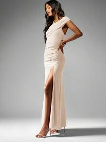 MISSGUIDED One Shoulder Ruched Evening Gown Floor Length Formal Wedding Guest Party Maxi Dress With High Split Draped Design Elegant - Cream - View 5