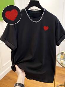 Manfinity Dauomo Plus Size Men Summer Casual Heart Embroidered T-Shirt - Black - View 1