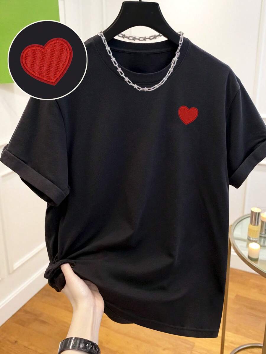 Manfinity Dauomo Plus Size Men Summer Casual Heart Embroidered T-Shirt - Black - View 1