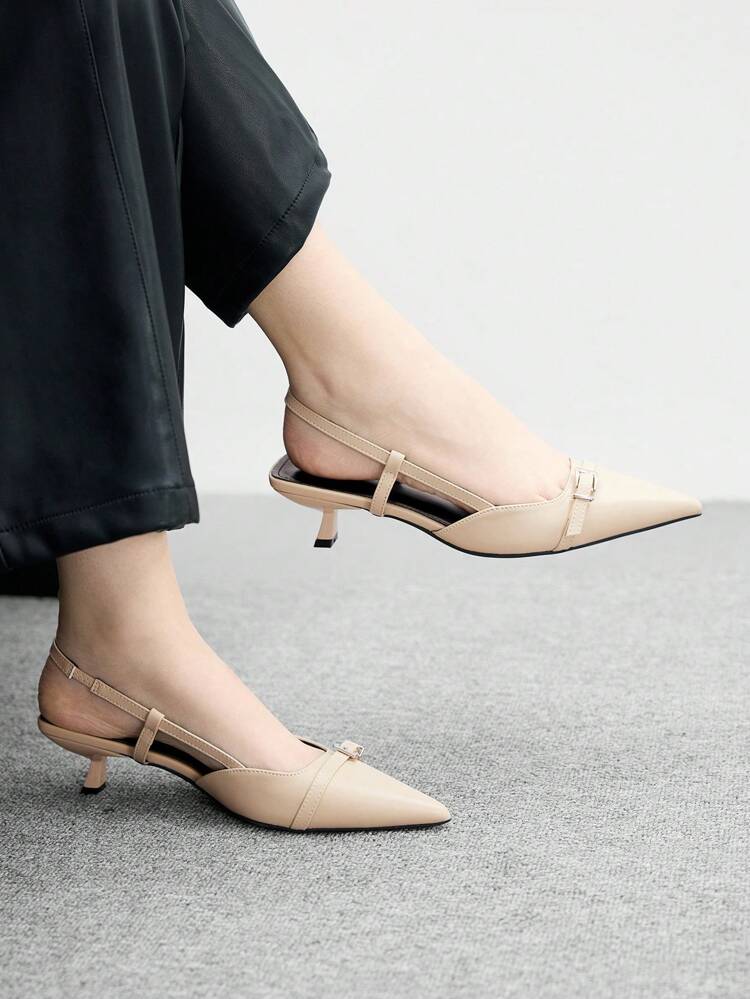 CUCCOO BIZCHIC Women's Pointed Toe Low Block Heel Sling Back Ankle Strap Elegant Beige Commuting Comfortable Pumps For Christmas Spring Shoes