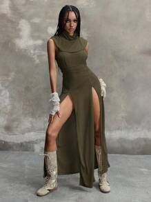 ROMWE Grunge Punk Y2K 千禧年复古末日荒原风格连帽低胸高开衩连衣裙 - 軍綠色 - 查看 7