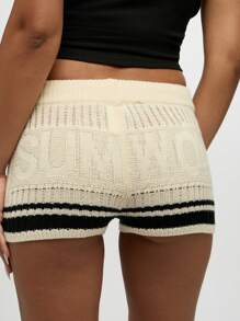 SUMWON WOMEN Women Cozy Knit Lounge Shorts Ribbed Drawstring Waistband Mid Thigh Length Loungewear Casual Athleisure Striped Bottom Resort Wear Spring Summer Wear - Apricot - View 4
