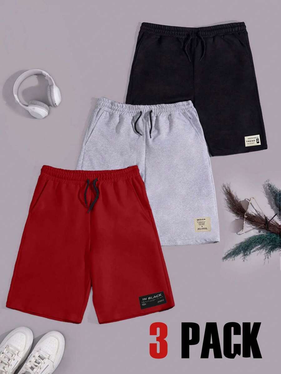 RueChic Hombres Paquete de 3 piezas Pantalones cortos regulares con cordón y detalles de etiqueta