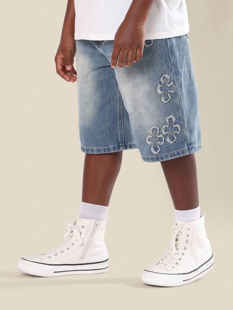 Vintage Style Cross Pattern Loose Fit Denim Shorts
