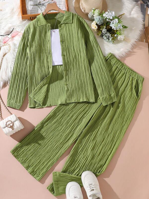 Teen Girls' Summer Casual Solid Color Textured Shirt And Pants Set