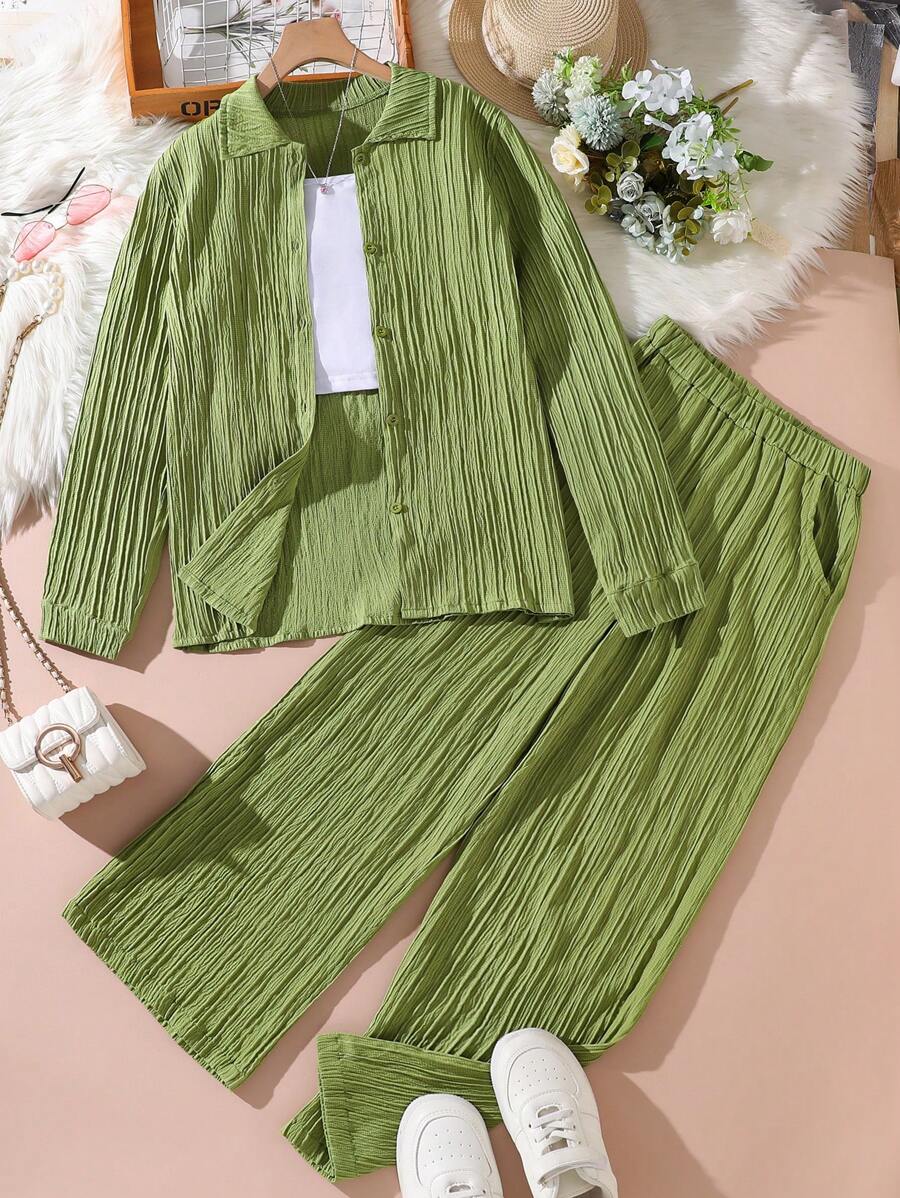 Teen Girls' Summer Casual Solid Color Textured Shirt And Pants Set - Olive Green - View 1
