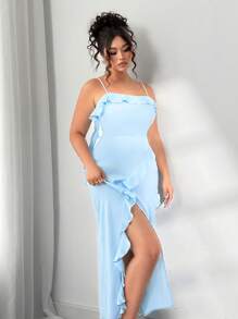 Elenzga 女式大码无袖荷叶边连衣裙 - 淺藍色 - 查看 4