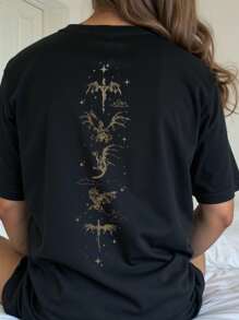 INAWLY Plus Size Women's Summer Slogan And Plant Printed Round Neck Short Sleeve Casual T-Shirt Graphic Tees Women Tops - Black - View 2