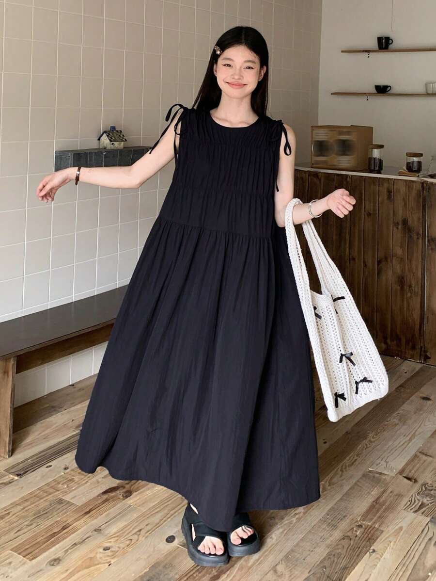 DAZY Đầm midi buộc eo không tay màu trơn phong cách Hàn Quốc mùa hè cho nữ - Màu xanh hải quân - Xem 1