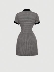 SHEIN MOD MOD 女式复古格纹扭结领紧身连衣裙 - 黑色 - 查看 2