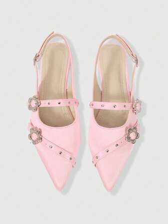 Kawaii Women's Elegant Fashionable Casual Buckle Design Pointed Toe Flat Shoes, Gothic Style Silk Satin Pink Color Flats Suitable For Party, Daily Wear, Evening Attire