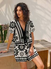 Modelyn Conjunto de 2 piezas de top de manga corta con cuello en V casual y pantalones cortos, apropiado para el verano, ropa de verano para mujer, conjuntos de verano para mujer, atuendos de vacaciones para mujer, conjuntos de verano de dos piezas, atuendos de vacaciones en la playa.