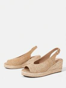 女士坡跟厚底编织凉鞋，波西米亚风格度假装，厚底鞋 - 杏色 - 查看 3