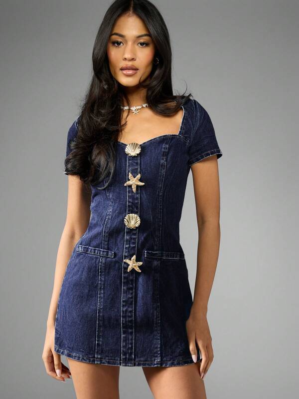 MISSGUIDED Mini Denim Dress Shell And Gold Button Design Back Zipper Summer Fashion Fitted Silhouette Party Club Dress