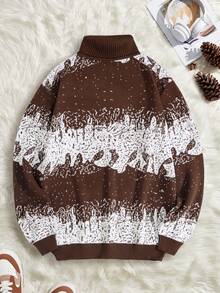 SHEIN Cottnline Men Graphic Pattern High Neck Regular Sweater - Brown - View 2