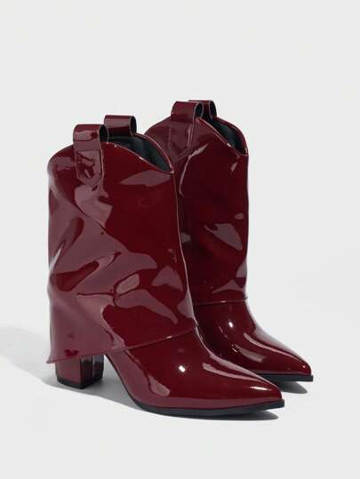 Daringsoles Women's Classic Ankle Boots, Chunky Heel Pointed Toe Slip-On Ankle Boots, Leather, Casual Comfortable Elegant High Heels, Burgundy, Autumn/Winter For Christmas