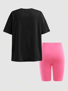 Conjunto de 2 peças de camiseta e shorts de ciclismo skinny com estampa de laço contrastante para meninas adolescentes, para a volta às aulas e cheio de estilo para meninas