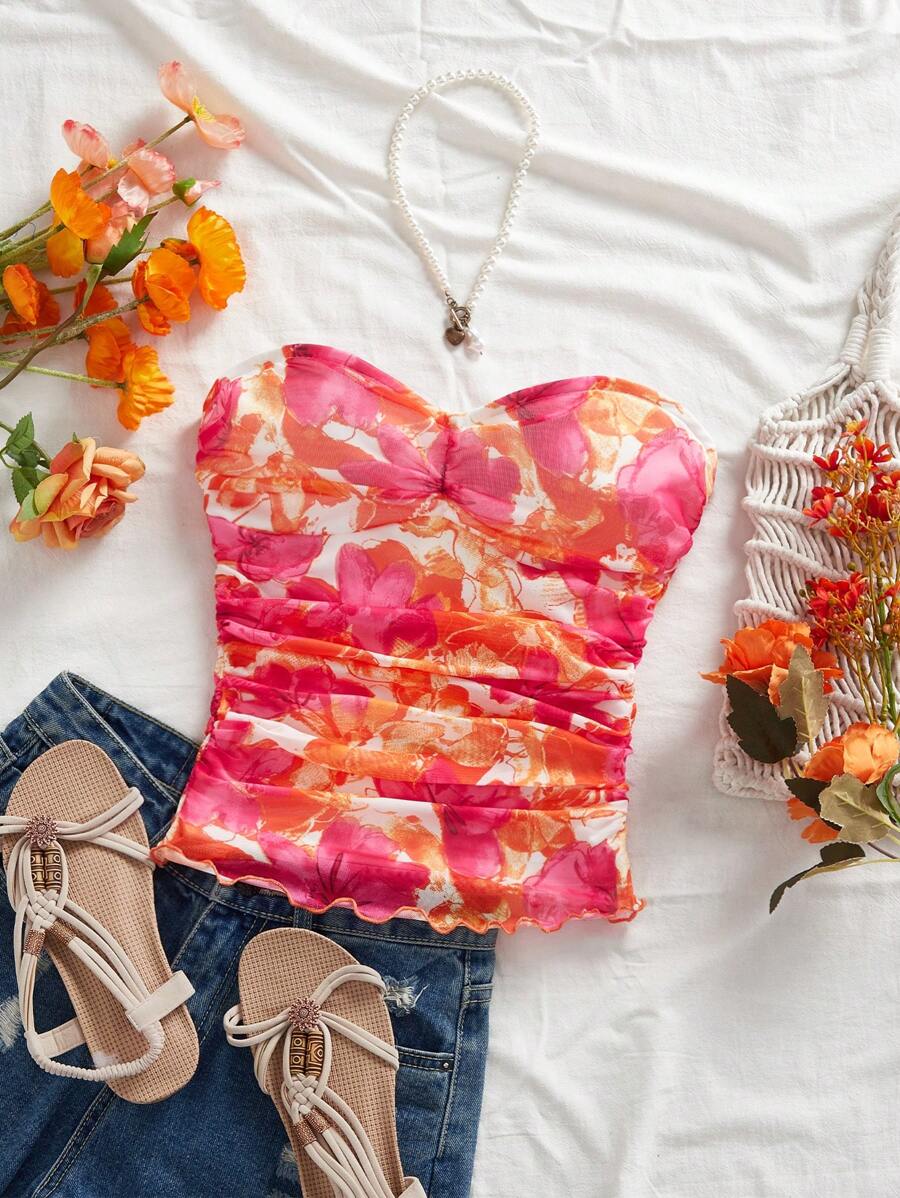 SHEIN VCAY Knitted Mesh Printed Tight Fitting Top For Women, Knitting Graphic Printed,Elegant Summer Vacation Woman,Bohemia Beach Vacation,Boho Chic,Country Concert,Holiday Festival,Beach,Old Money Style Women,Tube Top,Graduation,Vacation Style,Casual Summer Vacation Woman