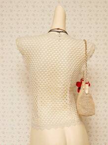 SHEIN ICON Kobiety Western Boho Słodkie Białe Wakacje Kraj Wyjście Seksowna Przezroczysta Jednolity Kolor Kontrast Koronka Bez Rękawów Otwarta Przednia Bluzka - Morela - Zobacz 2