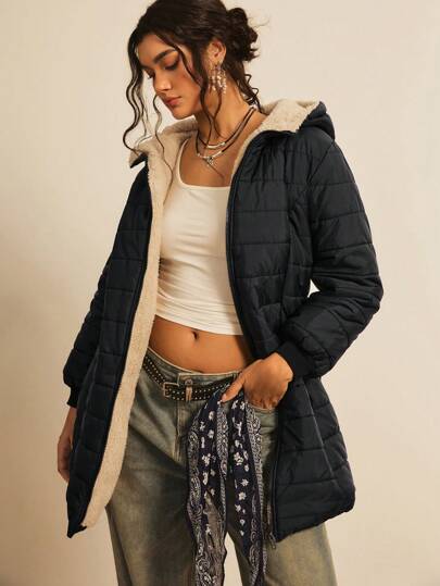 SHEIN LUNE 大码女式纯色休闲连帽外套冬季服装