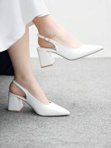 CUCCOO BIZCHIC Giày cao gót đế xuồng bằng da bóng màu trắng thời trang dành cho nữ, thiết kế tối giản cổ điển, phù hợp khi đi làm, hẹn hò, tiệc tùng, ngày lễ, đám cưới - trắng - Xem 3