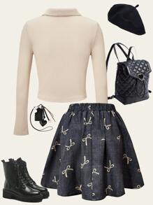 SHEIN Explorewe 女童长袖罗纹纹理T恤，蝴蝶结装饰，搭配牛仔印花裙，适合秋季休闲穿着 - 杏色 - 查看 2